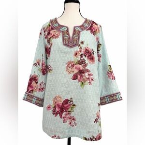 John Mark Floral Linen Tunic Top - beaded neckline and sleeves. NWT!